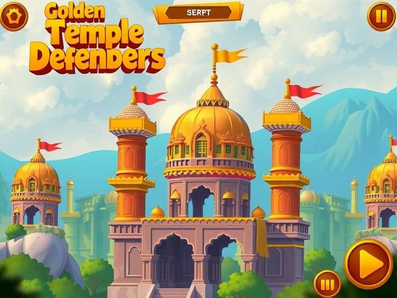 Golden Temple Defenders gameplay screenshot showing towers defending the temple